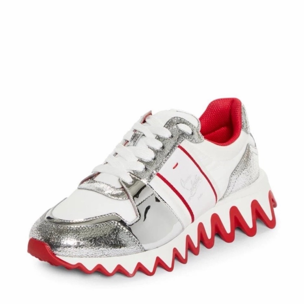 CHRISTIAN LOUBOUTIN NASTROSHARK DONNA SNEAKERS SILVER WHITE LOGO SZ38.5